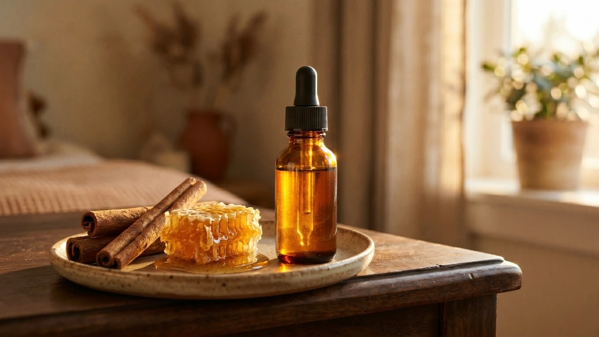 An amber glass dropper bottle of natural cinnamon oil next to raw honeycomb and cinnamon sticks on a rustic wooden table bathed in warm sunlight.