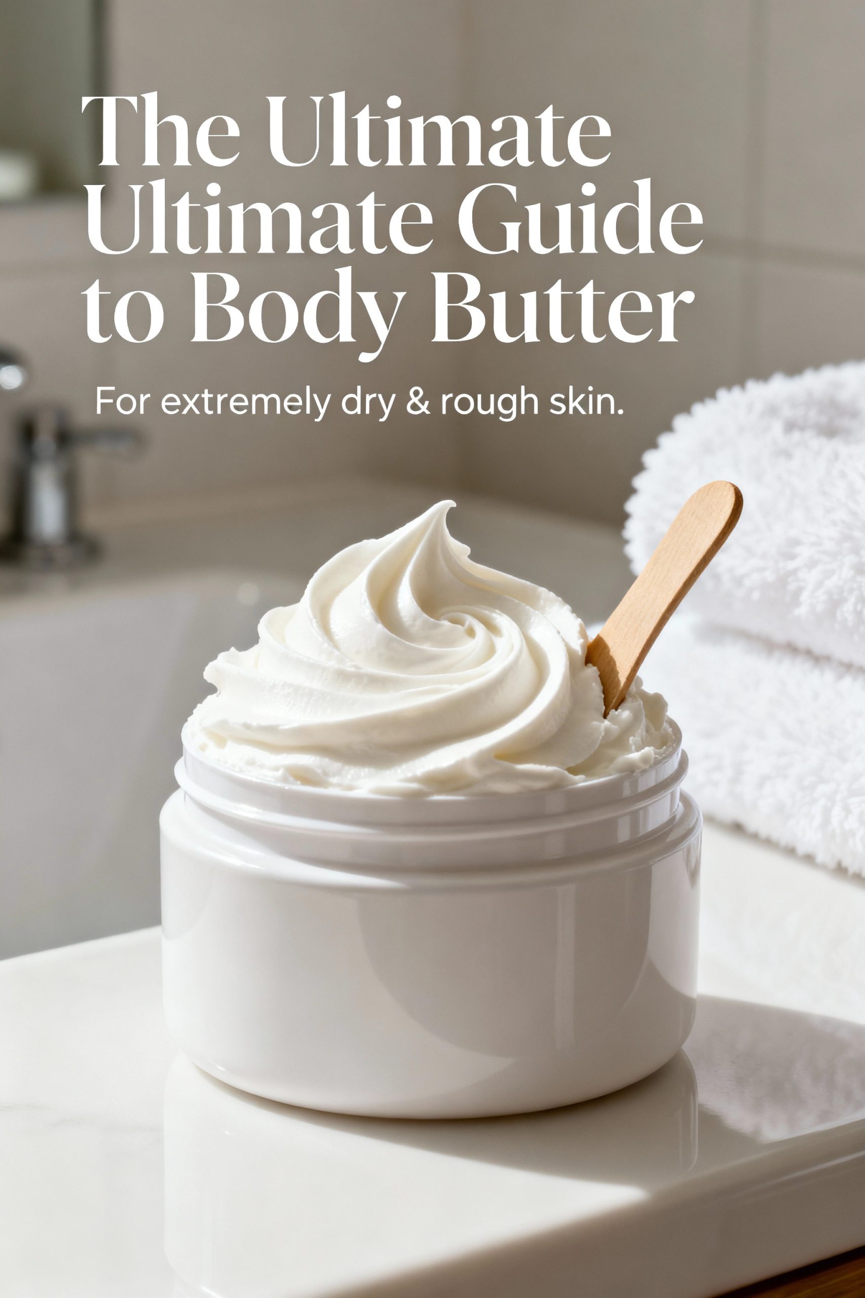 A luxurious jar of creamy white body butter with a wooden spatula, representing the ultimate guide for dry and rough skin.