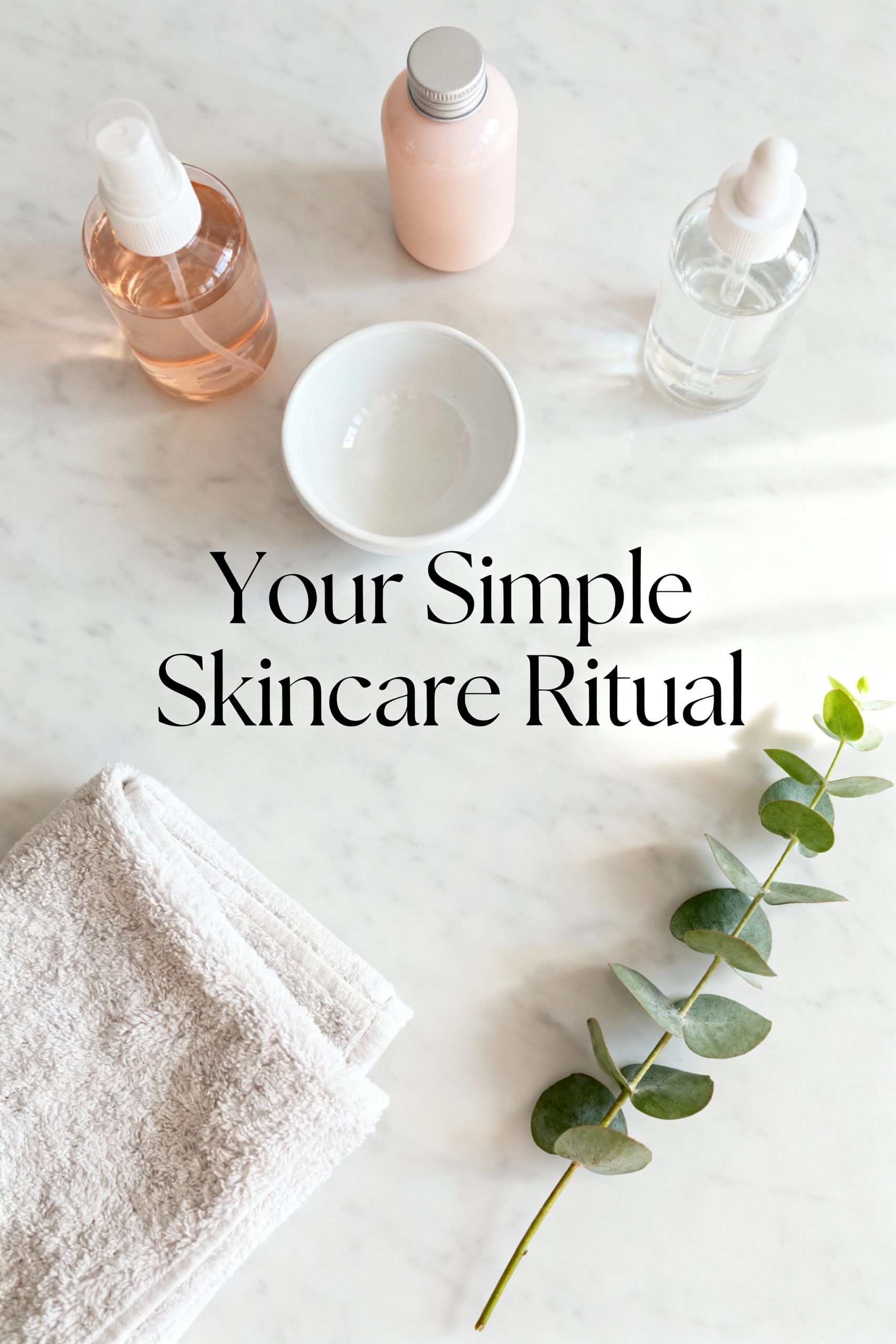 A minimalist flat lay of skincare products on a marble surface, including a towel and eucalyptus, representing a simple and serene skincare ritual for glowing skin.