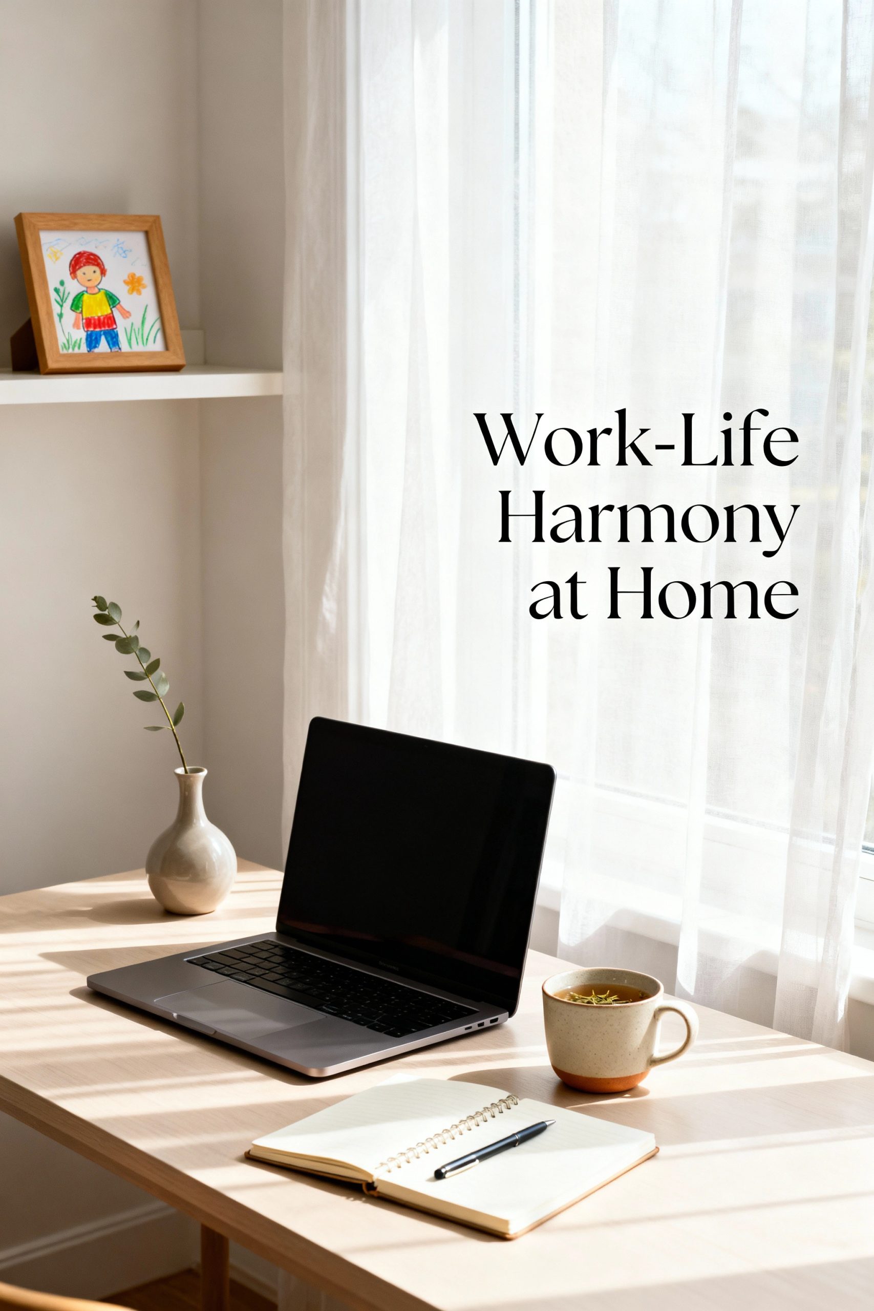 A serene and organized home office desk with a laptop, journal, and a child's drawing in the background, representing work-life harmony for moms.