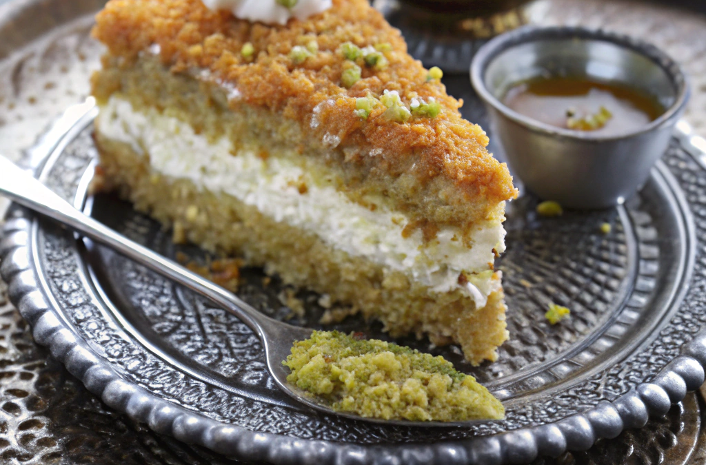 Turkish Cream Cake with Pistachios and Honey Syrup