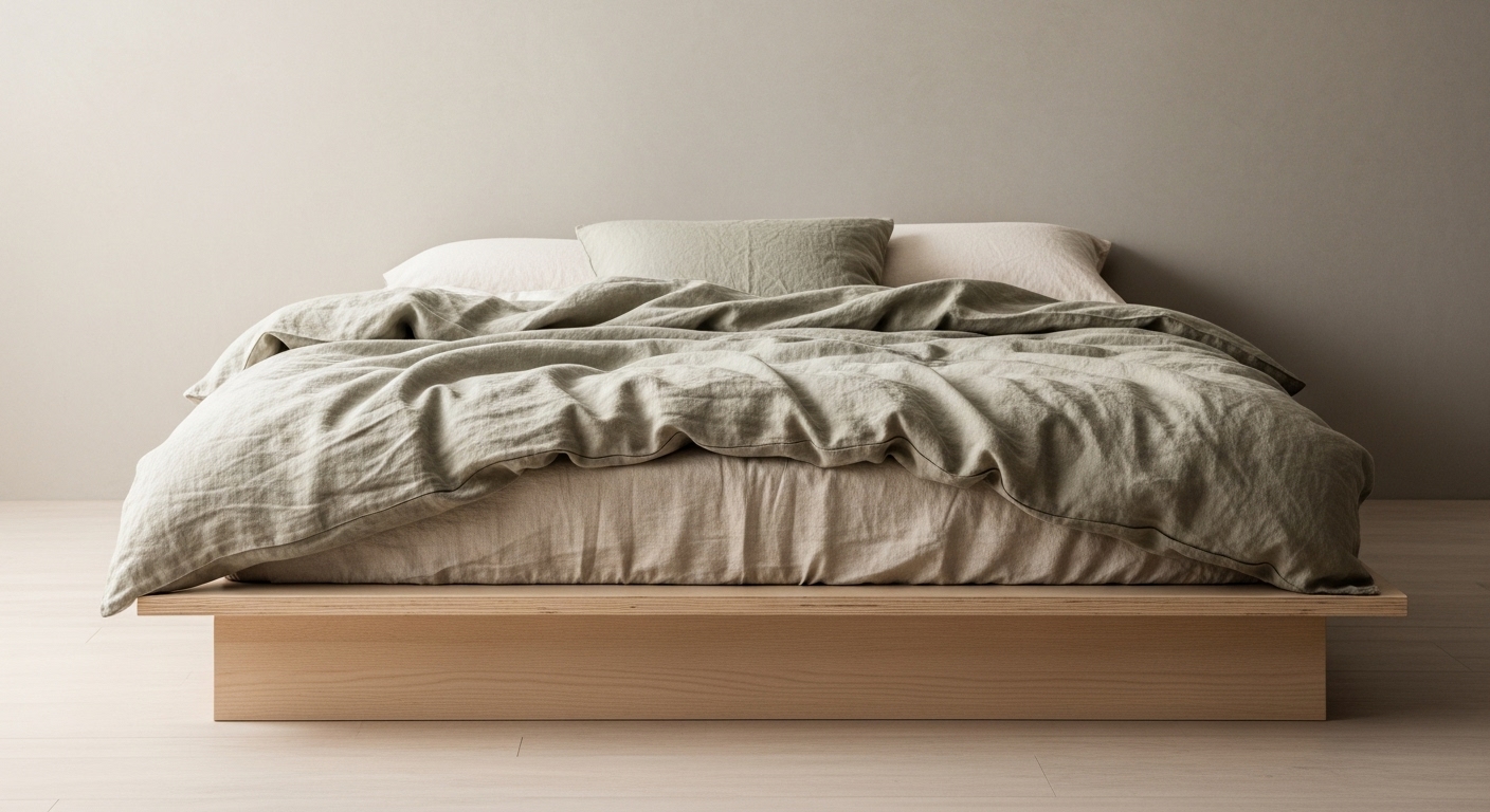 Peaceful Home Decor: 6 Simple Ideas for a Serene Space 1 A minimalist bedroom scene showing a low, light-wood platform bed with a rumpled sage green linen duvet and beige pillows against a plain beige wall.