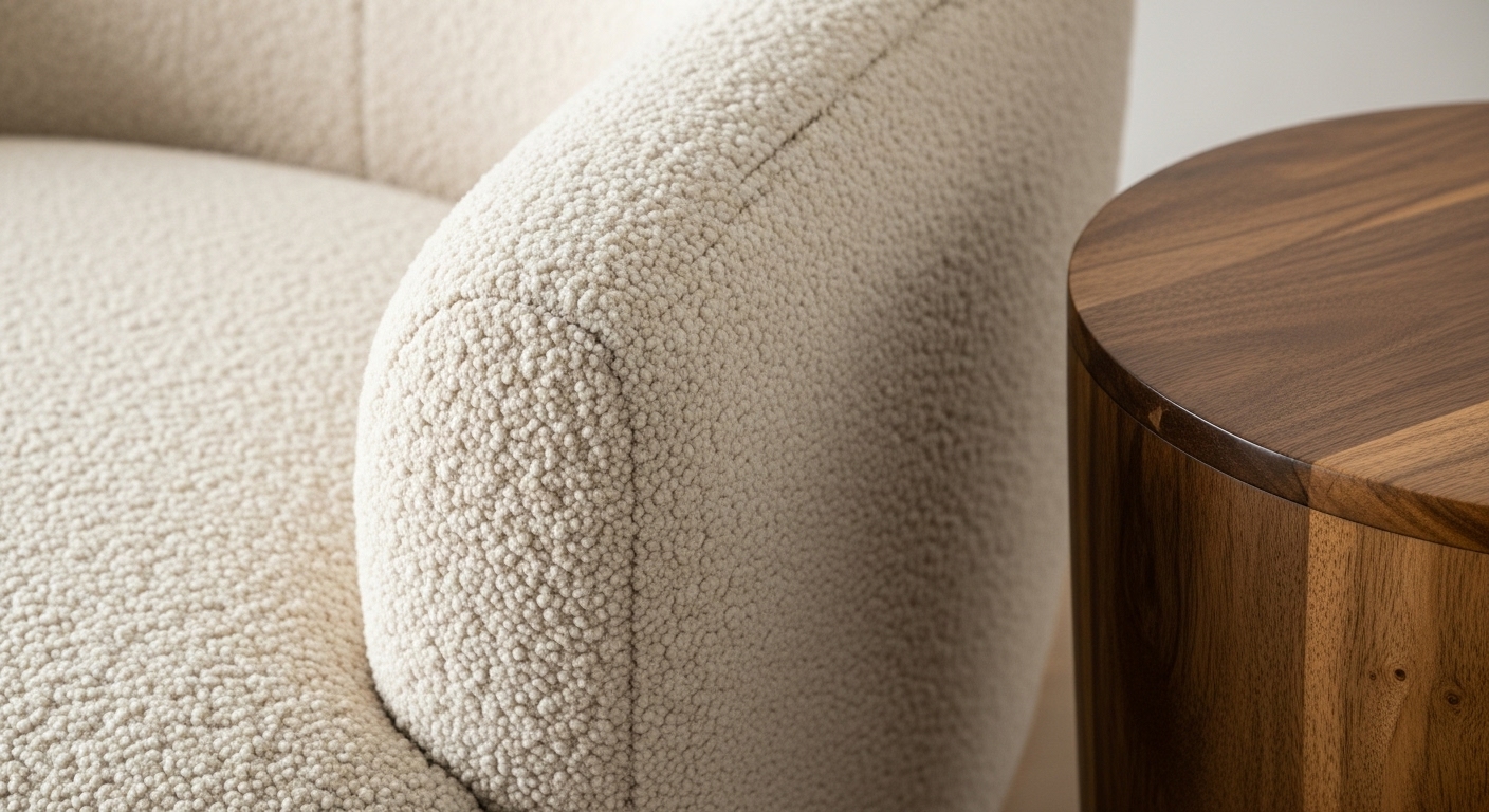 Close-up detail of a cream-colored bouclé armchair's curved arm, showing the nubby texture, next to the smooth, rich grain of a dark walnut side table
