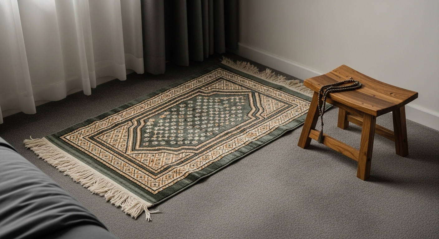 Peaceful Home Decor: 6 Simple Ideas for a Serene Space 2 A dedicated prayer corner with a green and cream geometric prayer rug on a grey carpet. A small wooden stool stands next to it, holding dark prayer beads.