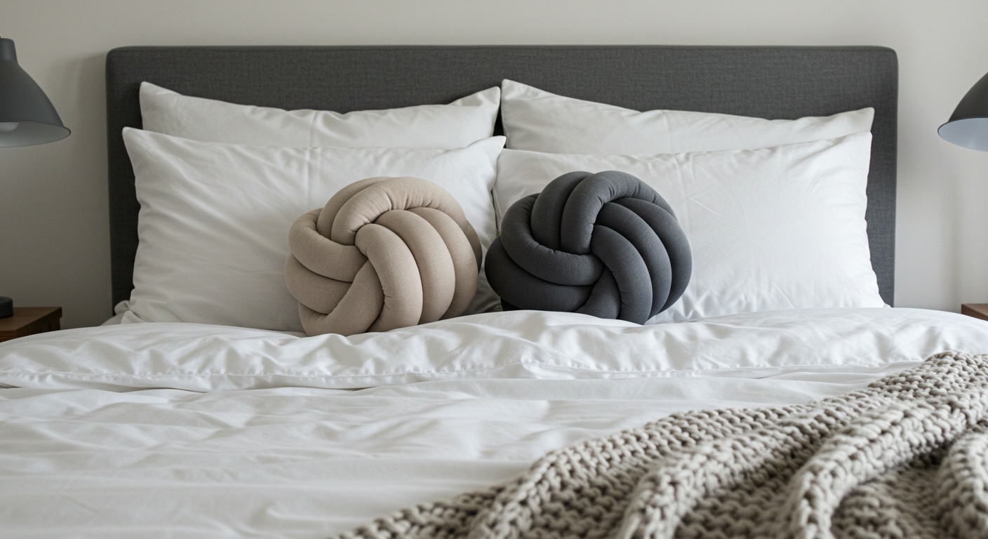 A beige and a dark grey knot pillow styled on a bed with crisp white linens and a grey headboard.
