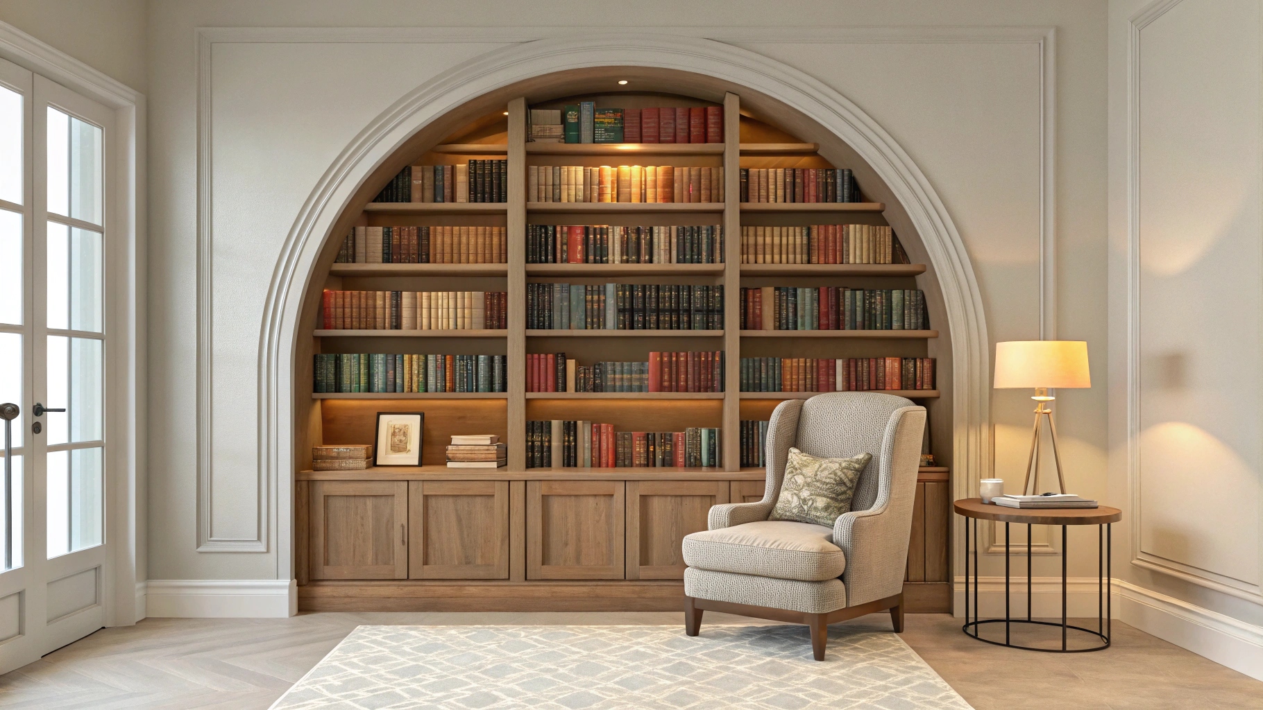 A large arched built-in bookcase filled with rows of classic books, with a comfortable armchair and side table in a well-lit living room.