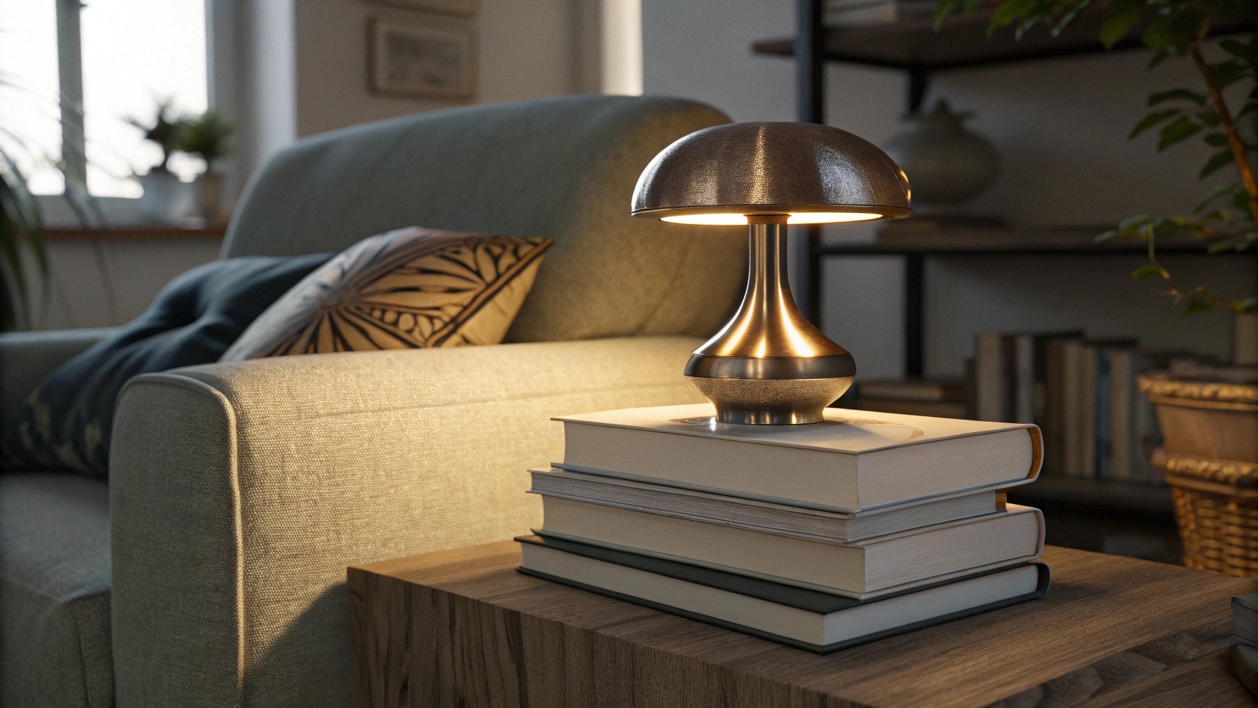 A modern bronze mushroom lamp provides focused light on a stack of books next to a cozy armchair, creating an elegant reading nook.