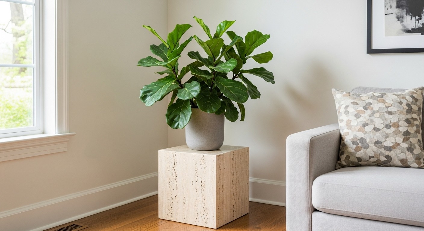 A square travertine plinth being used as a side table to hold a large potted fiddle-leaf fig plant next to a window in a bright living room.