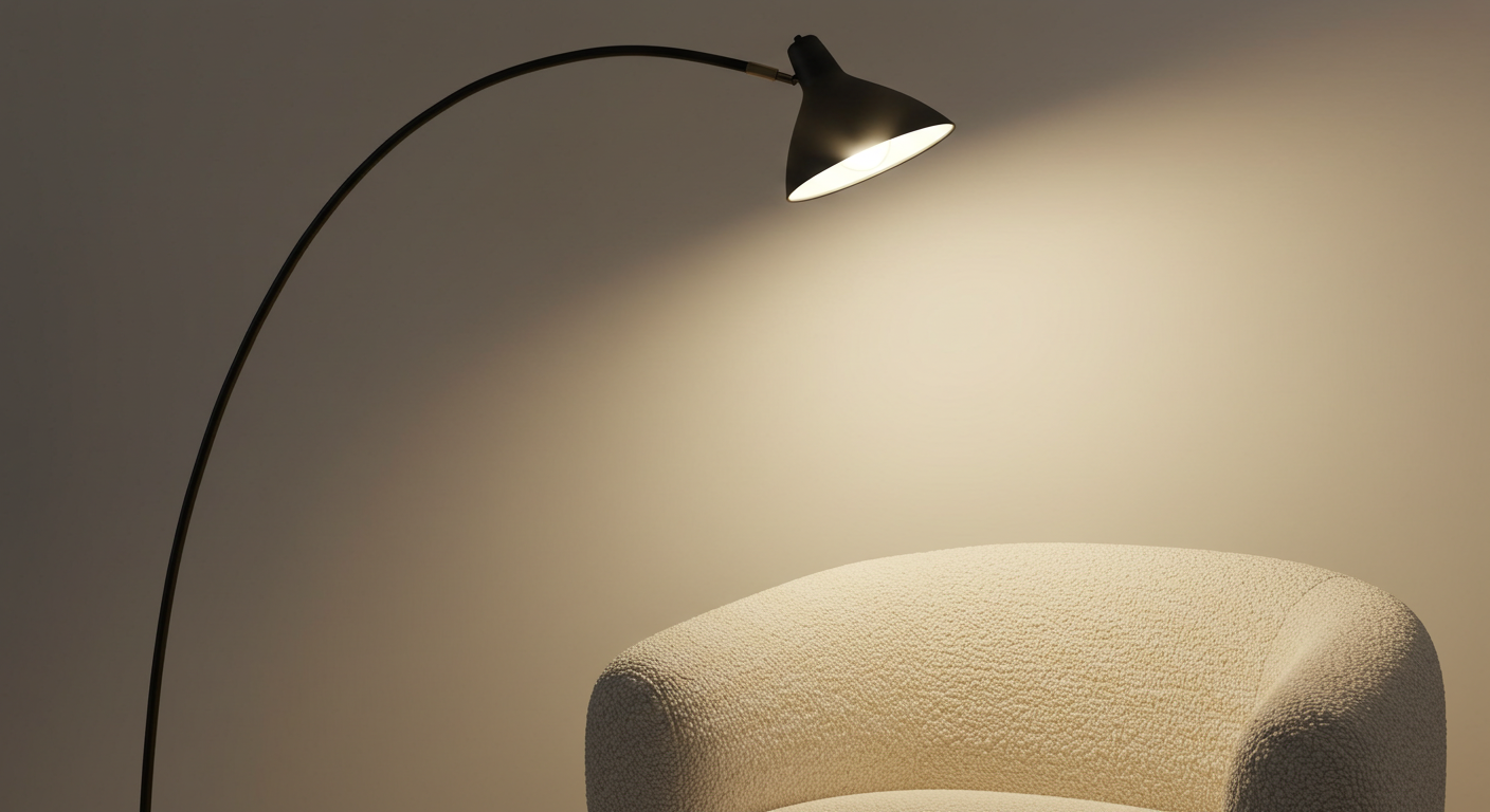 A modern black arc floor lamp casts a warm, focused light on the top of a white bouclé armchair against a neutral wall.