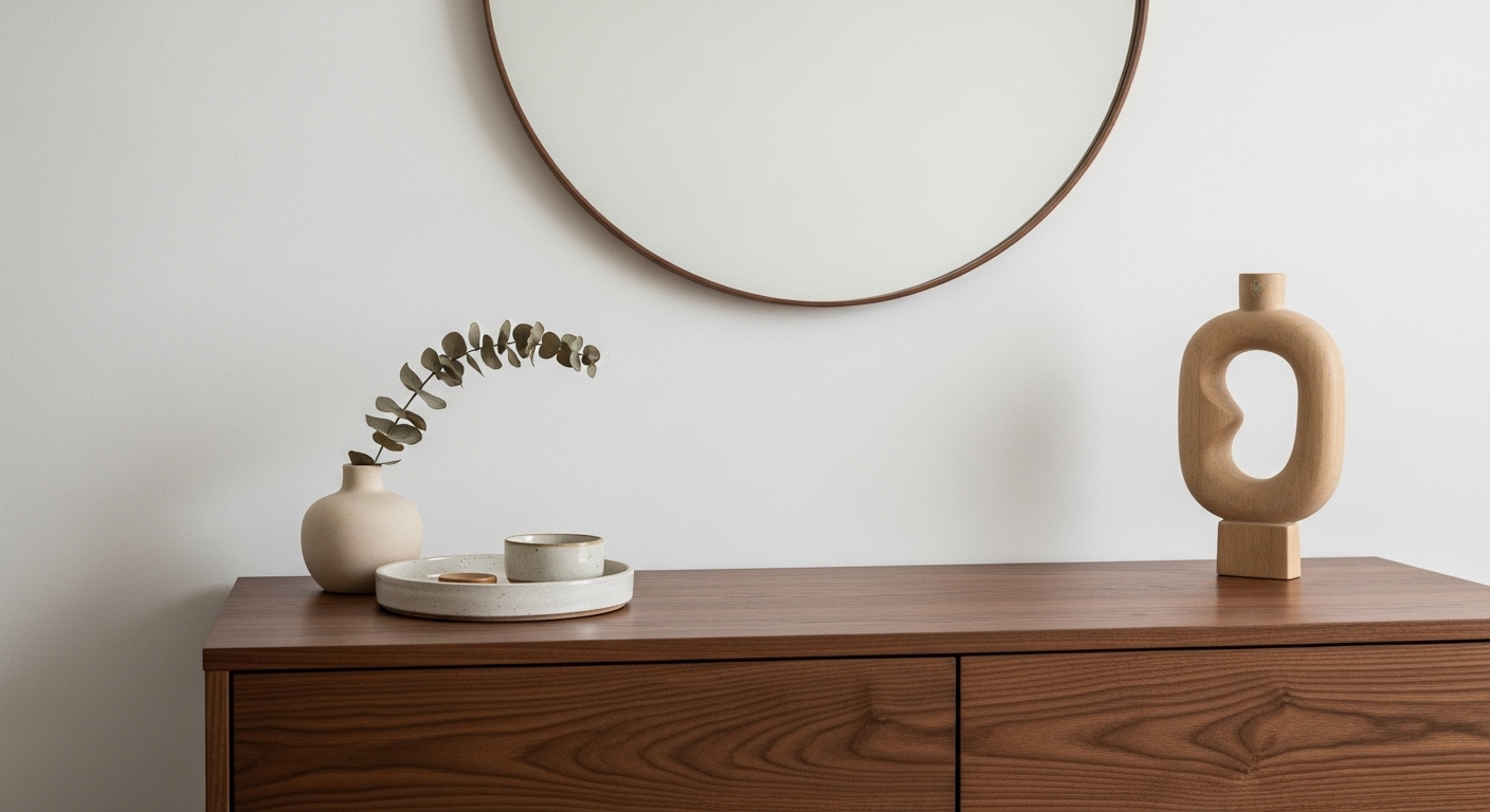 Peaceful Home Decor: 6 Simple Ideas for a Serene Space 3 A dark wood console table against a white wall. On it sits a vase with eucalyptus, an abstract wooden sculpture, and a ceramic dish. A large round mirror hangs above.