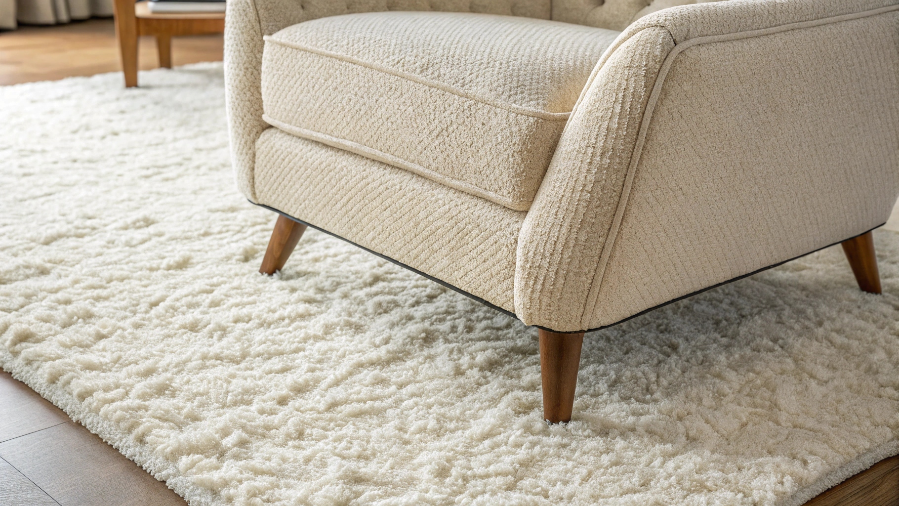 The lower part of a light-colored bouclé armchair with wooden legs resting on a thick, high-pile white shag rug on a wooden floor.