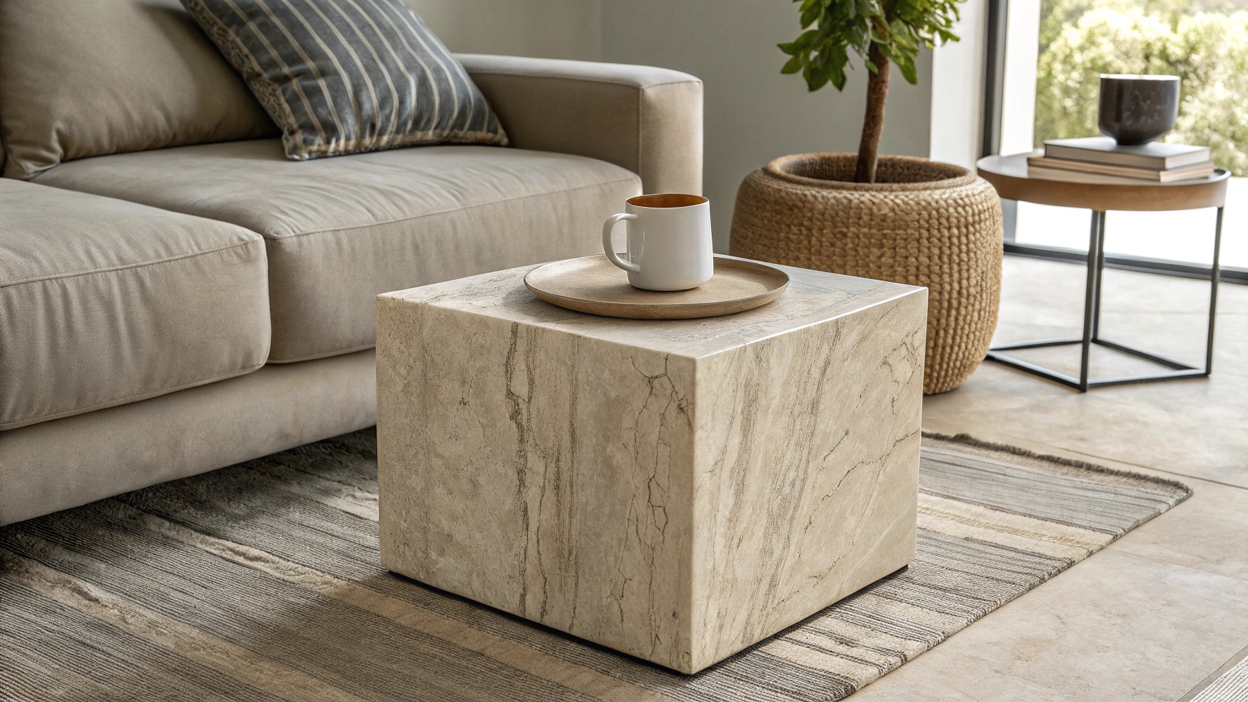 A cubic marble side table placed on a textured rug next to a beige sofa, holding a tray with a white coffee mug.