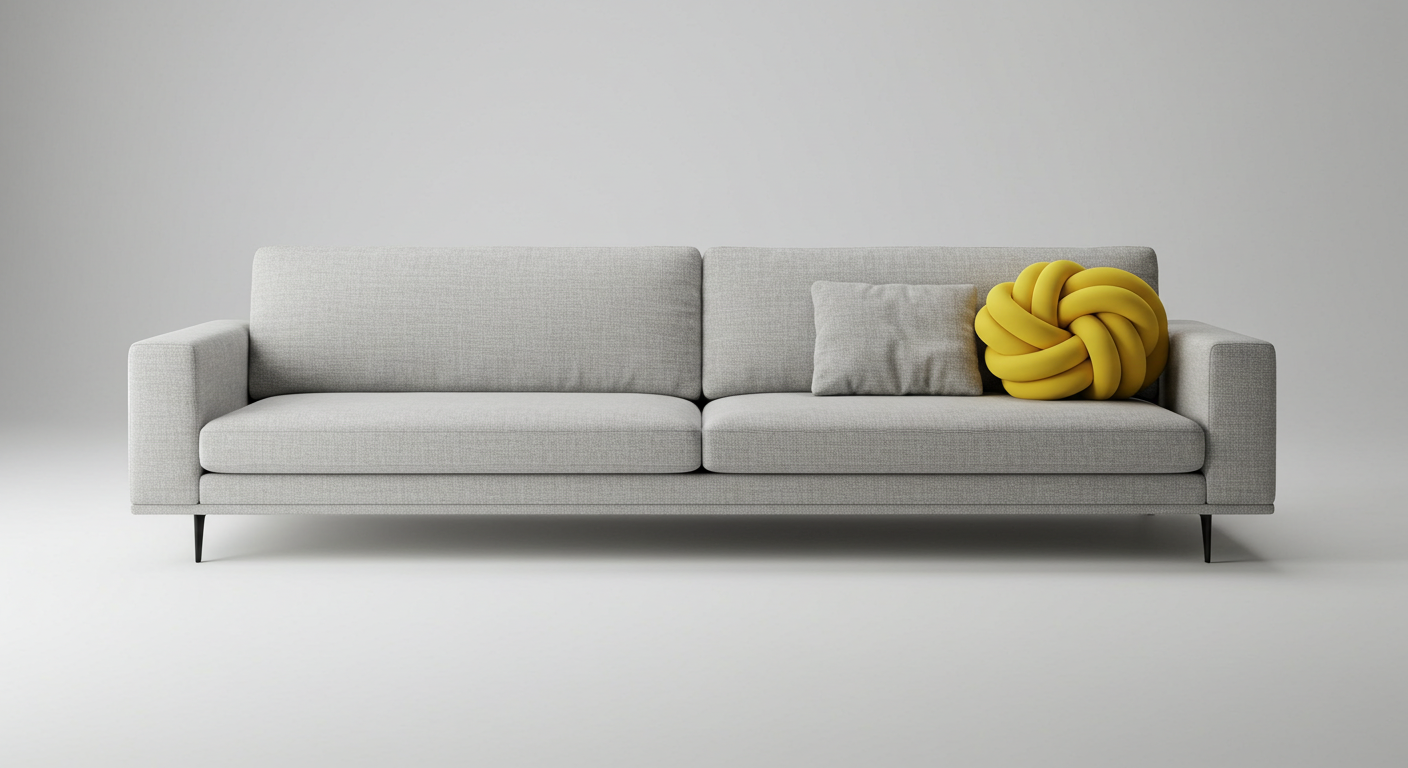 A vibrant yellow knot pillow provides a pop of color on a minimalist light grey sofa against a plain background.