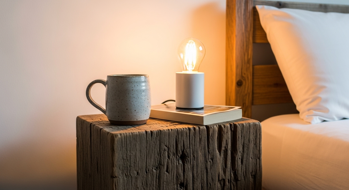 Peaceful Home Decor: 6 Simple Ideas for a Serene Space 4 A close-up of a rustic bedside table made from a solid block of weathered wood. On it sits a speckled ceramic mug, a book, and a simple lamp with a glowing Edison bulb.