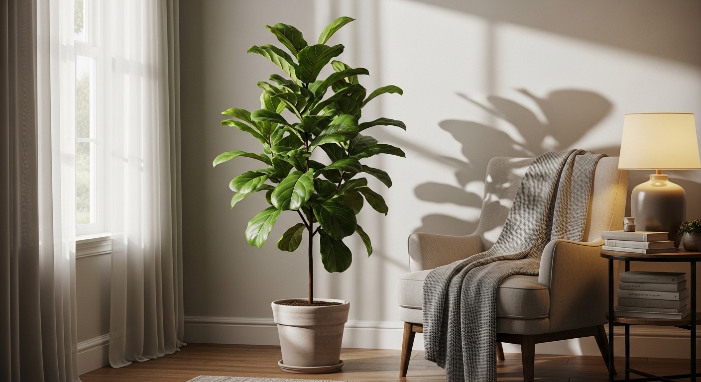 A light-colored armchair with a gray throw blanket in a bright room next to a large, potted fiddle-leaf fig plant and a side table with books.