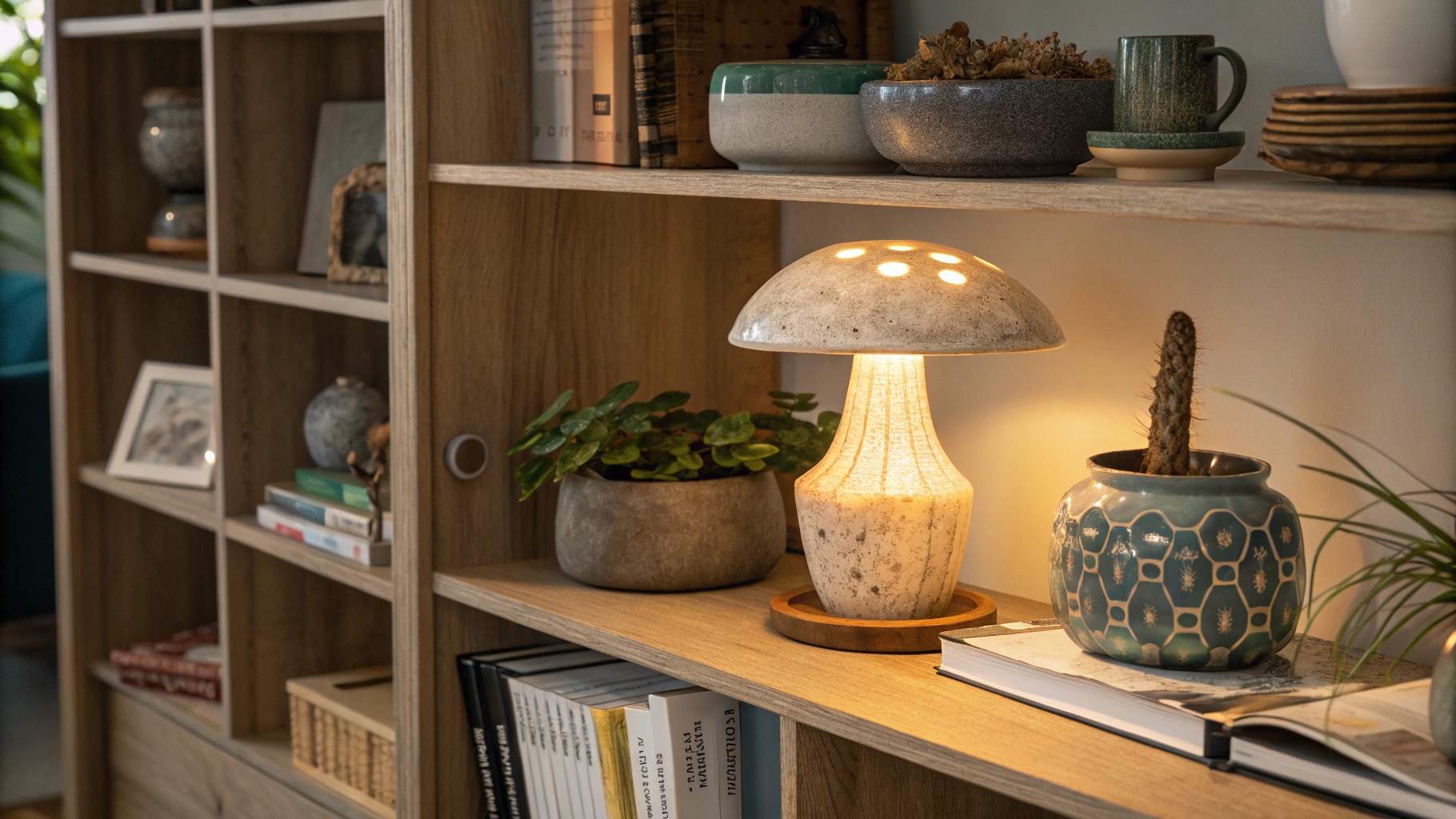 An earthy, speckled ceramic mushroom lamp sits on a wooden bookshelf, blending with plants and decor to add a natural, warm ambiance.