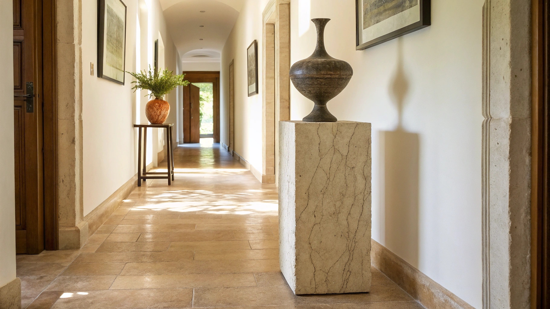 A tall, weathered stone plinth supporting a dark, sculptural vase in a long, sunlit hallway with stone floors and framed art.