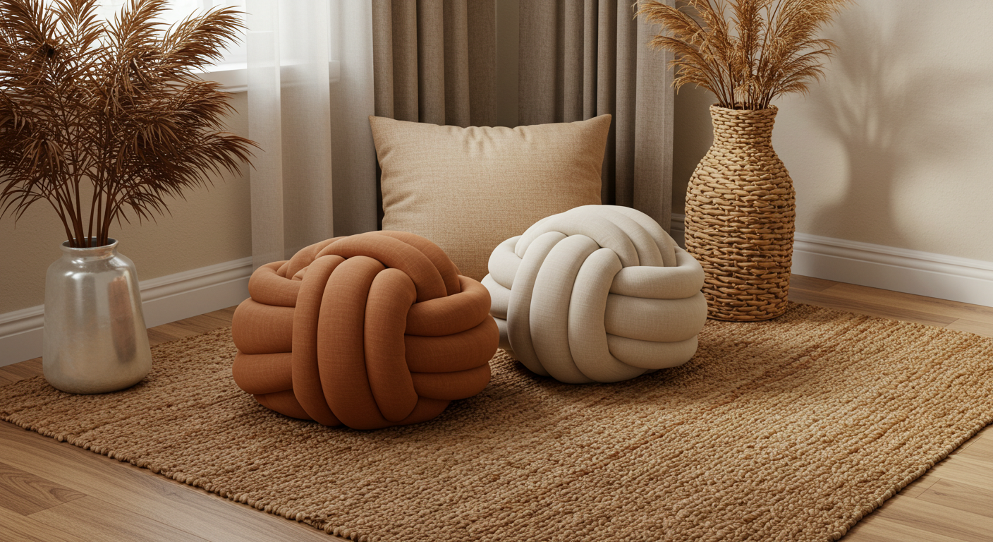 Two knot pillows, one terracotta and one off-white, sit on a natural jute rug in a cozy, bohemian-style room corner.