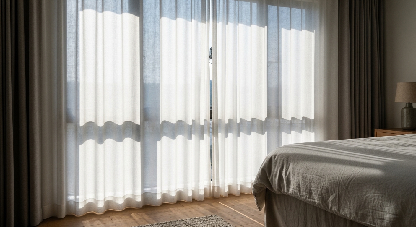 Peaceful Home Decor: 6 Simple Ideas for a Serene Space 5 Sunlight streams through a large window covered with layered curtains. A delicate sheer curtain diffuses the light, while a heavier grey curtain hangs to the side. The corner of a bed is visible.