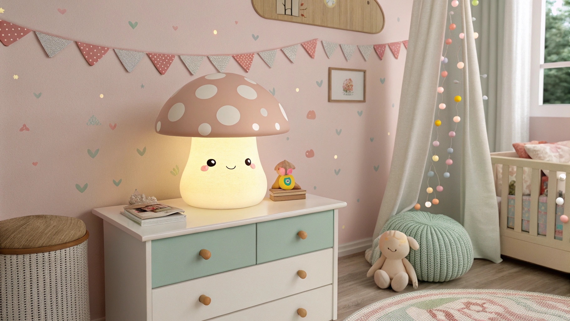 A large, friendly mushroom-shaped nightlight with pink polka-dots sits on a dresser, creating a charming and comforting glow in a child's room.