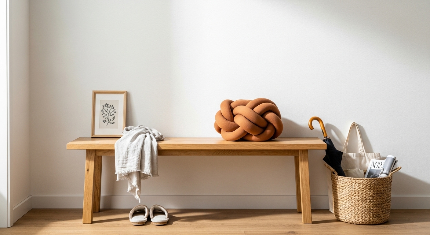 A terracotta-colored knot pillow rests on a wooden entryway bench, part of a clean, minimalist decor arrangement.