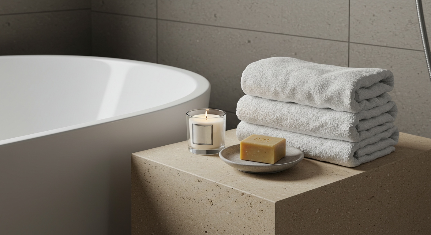A close-up of a stone plinth next to a modern white bathtub, holding a stack of folded towels, a lit candle, and a bar of soap.