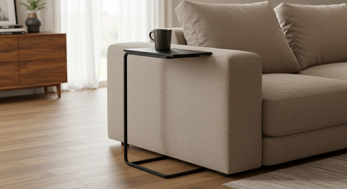 A sleek, black metal C-shaped side table holding a mug slides over the arm of a modern beige sofa on a light wood floor.