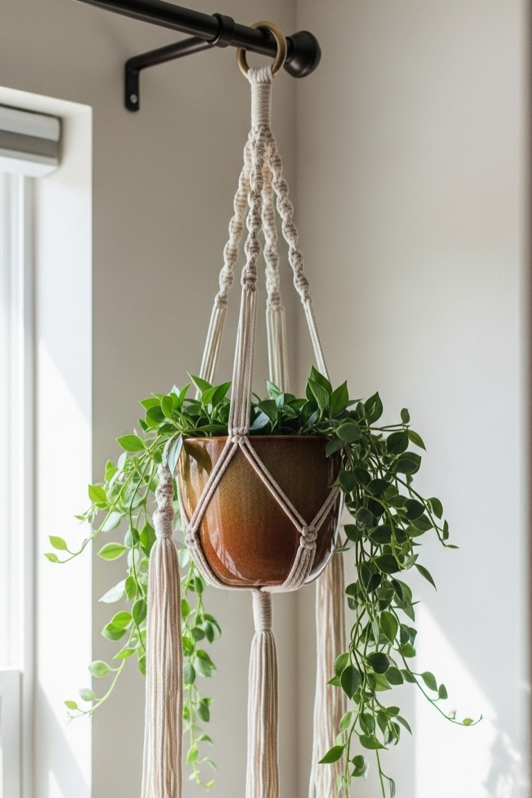 Woven Wonders: How Macrame Decor Softens Any Space 1 An off-white macrame hanger with spiral knots suspends a brown pot, from which a vibrant green plant gracefully trails down.