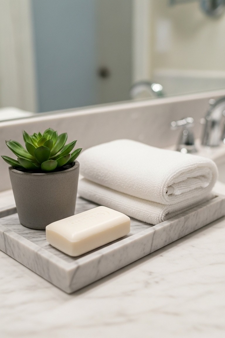 A white marble tray making a spa-like feel, organizing folded towels, a bar of soap, and a small succulent on a bright bathroom countertop.