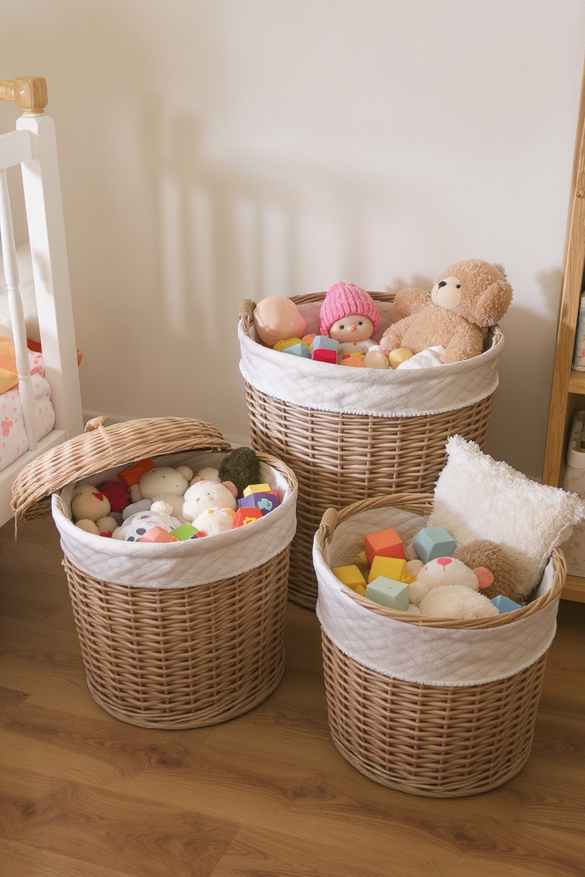 Three wicker baskets of varying sizes with white liners, filled with plush toys and wooden blocks in a child's sunlit room.