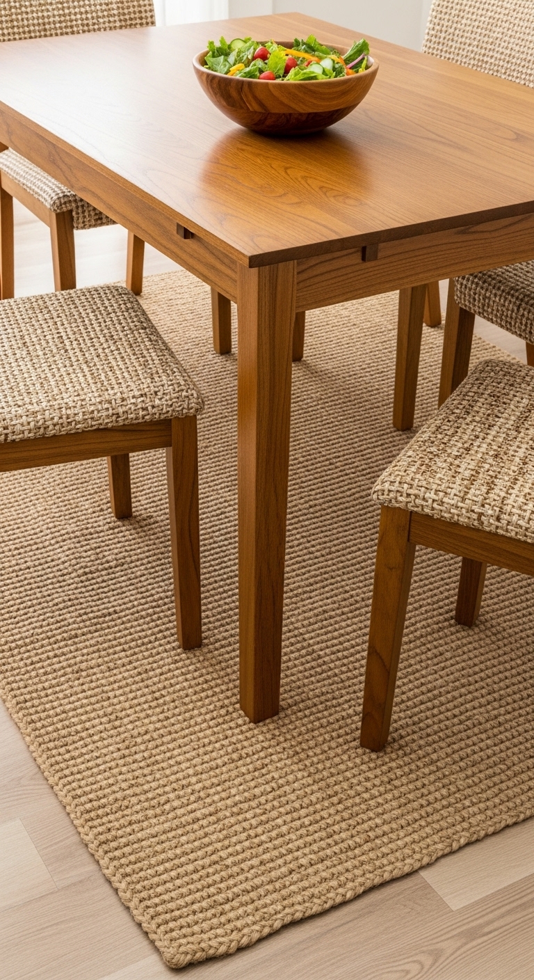 A clean, wooden dining table and chairs are anchored on a large, rectangular, tightly-woven natural fiber rug, defining the dining area.