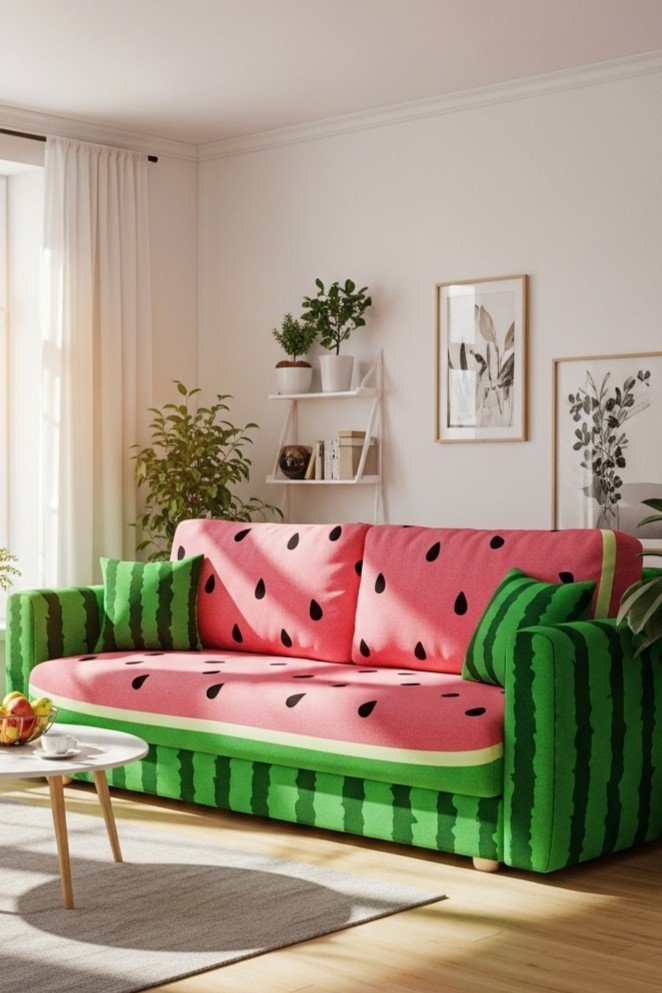 Sweeten Your Space: A Guide to Playful Fruit Decor 1 A stylish sofa with pink, seed-patterned cushions and a green striped base, decorated with matching pillows in a bright, modern living room.