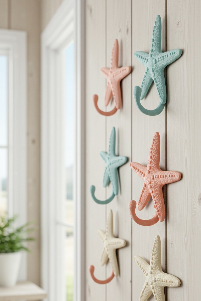 Beyond the Beach House: 5 Fresh Ways to Bring the Ocean Home 2 A row of decorative starfish wall hooks in pastel coral, blue, and cream colors mounted on a light-colored wooden plank wall.