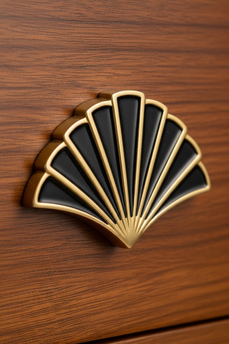 A Deeper Look at 7 Art Deco Handles That Tell a Story 1 An elegant Art Deco fan-shaped drawer pull with black enamel on a dark wood dresser.