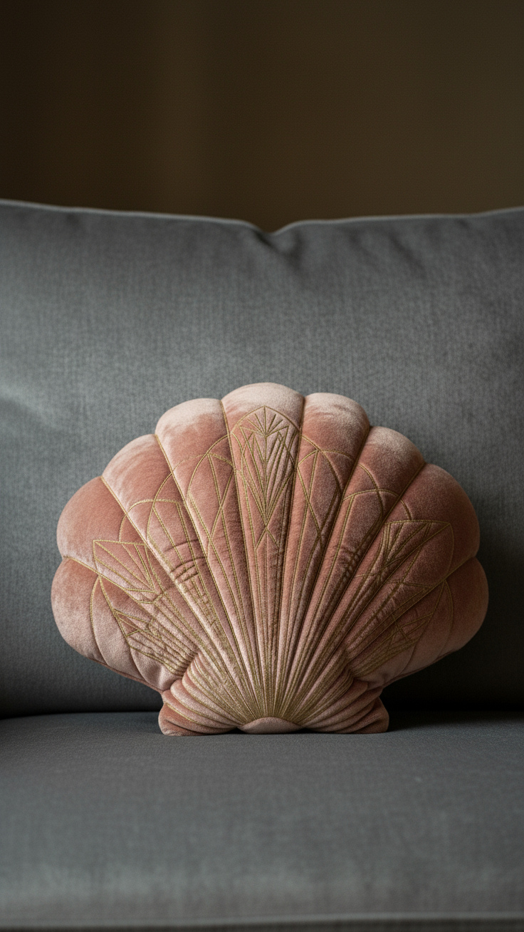 A blush pink, shell-shaped velvet cushion with gold embroidered details, sitting on a dark gray sofa.