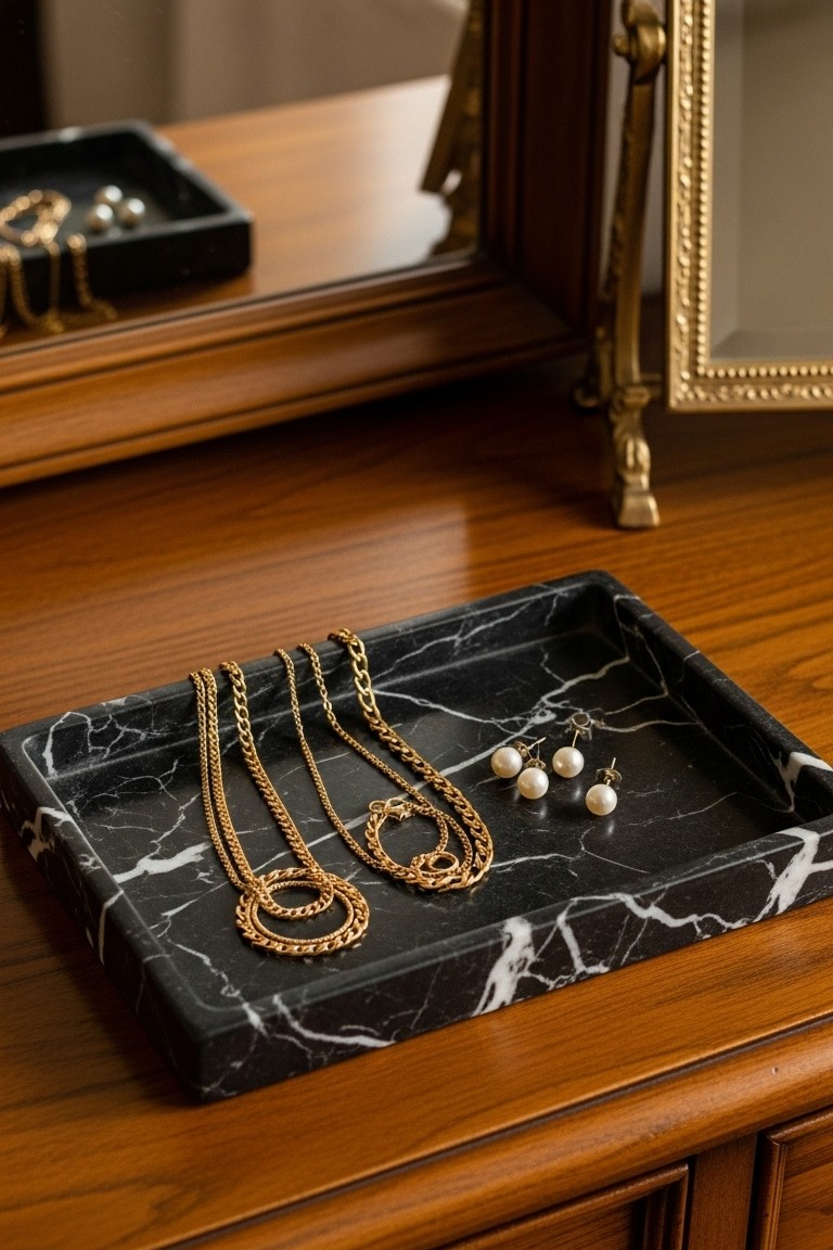 Gold necklaces and pearl stud earrings arranged as an elegant display on a square black marble tray on a warm-toned wooden dressing table.