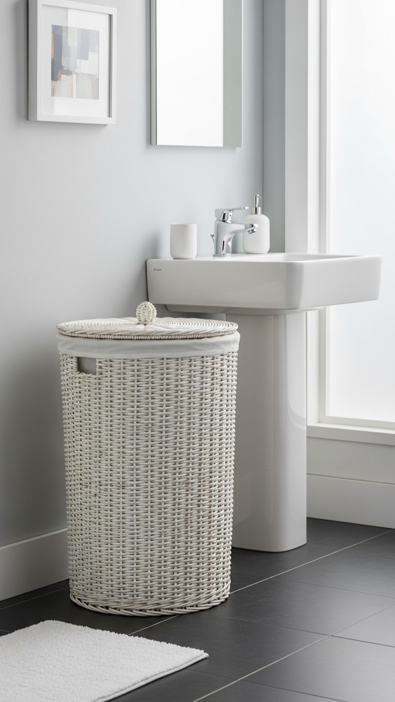 A tall, white woven laundry hamper with a lid, standing on dark slate tiles next to a sleek white pedestal sink.