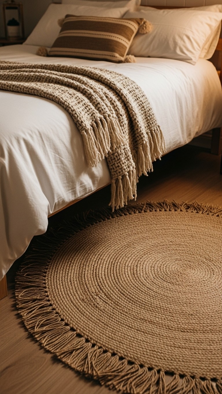 A round jute rug with a decorative fringe border sits on the wooden floor next to a bed with crisp white linens and a textured throw blanket.