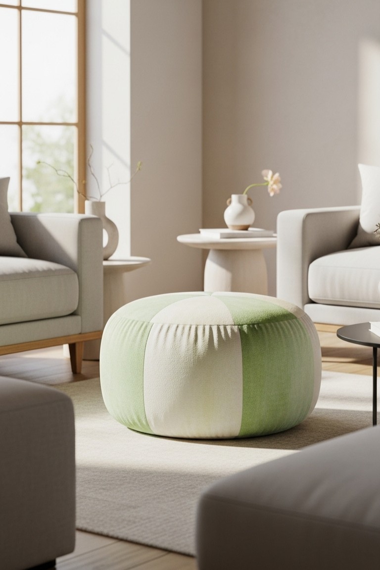 Sweeten Your Space: A Guide to Playful Fruit Decor 2 A round, upholstered pouf with light and dark green vertical stripes, placed on a rug in a softly lit, contemporary living room.