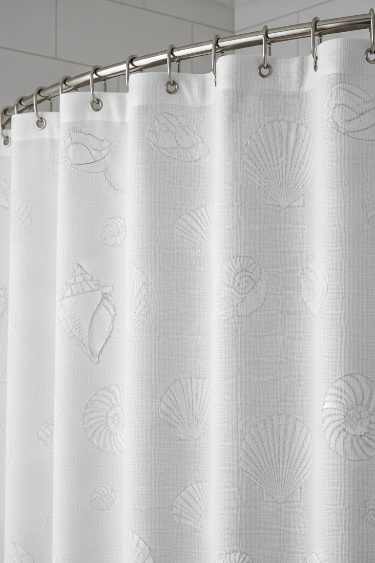 Beyond the Beach House: 5 Fresh Ways to Bring the Ocean Home 3 A close-up of a white fabric shower curtain with a textured, embossed pattern of various seashells, including scallops and conch shells.