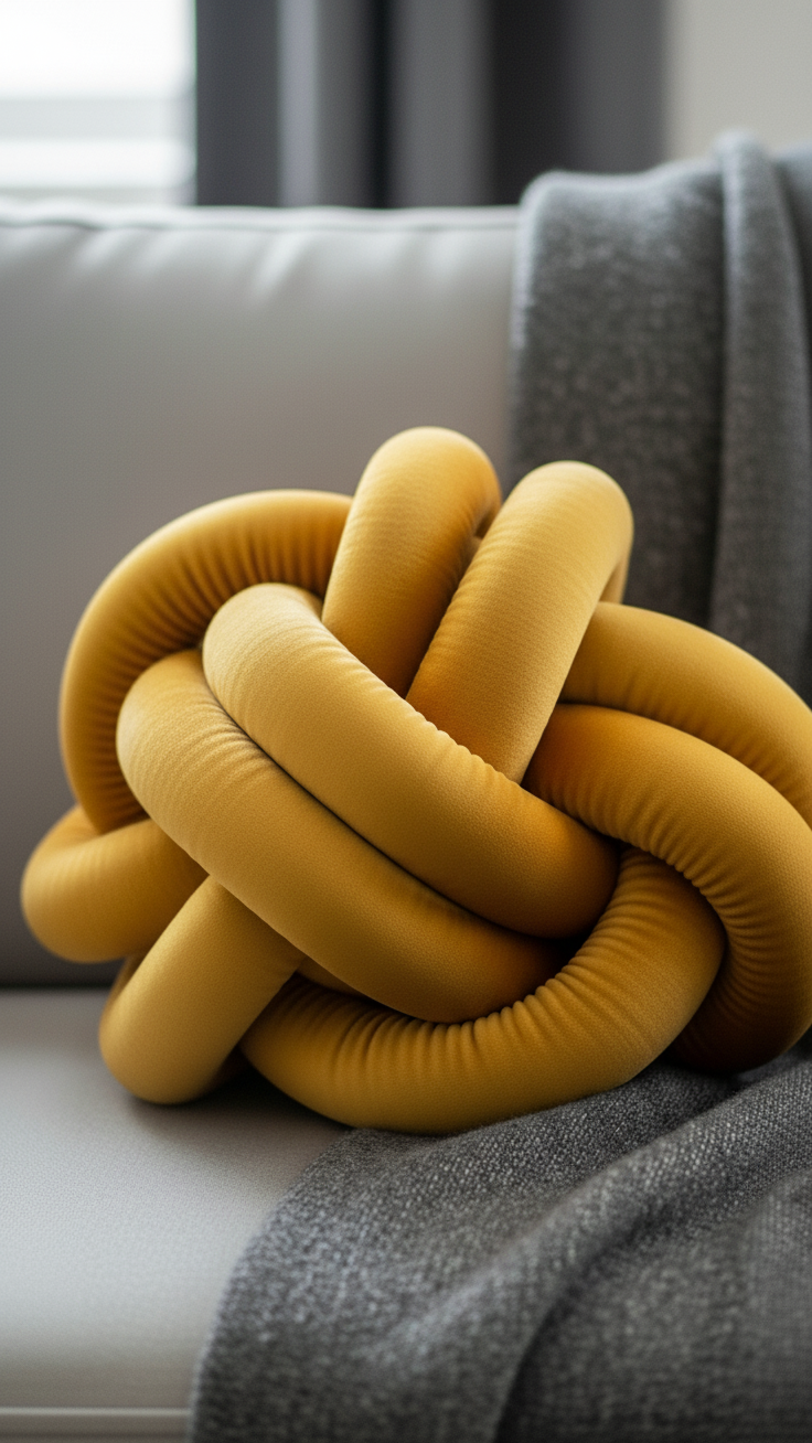 A modern, sculptural knot pillow in a mustard yellow fabric, resting on a gray sofa next to a woven gray throw blanket.