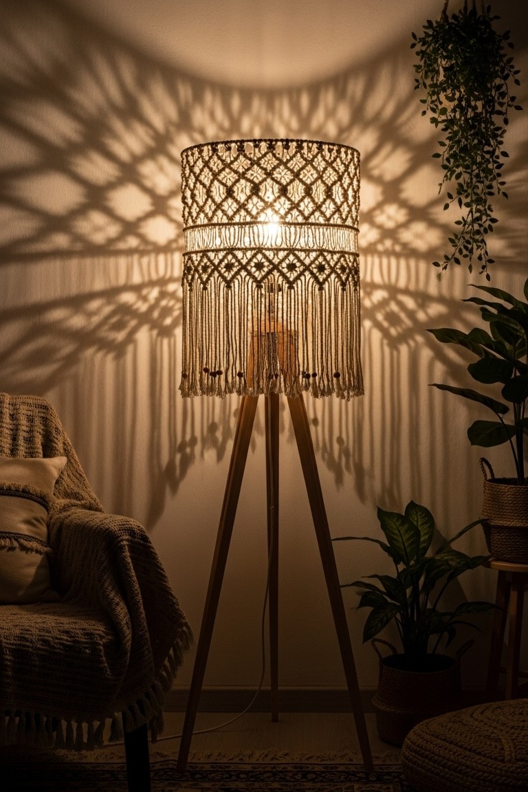 Woven Wonders: How Macrame Decor Softens Any Space 3 A tripod floor lamp with a macrame shade is turned on in a dark room, casting beautiful patterns of light and shadow on the wall.