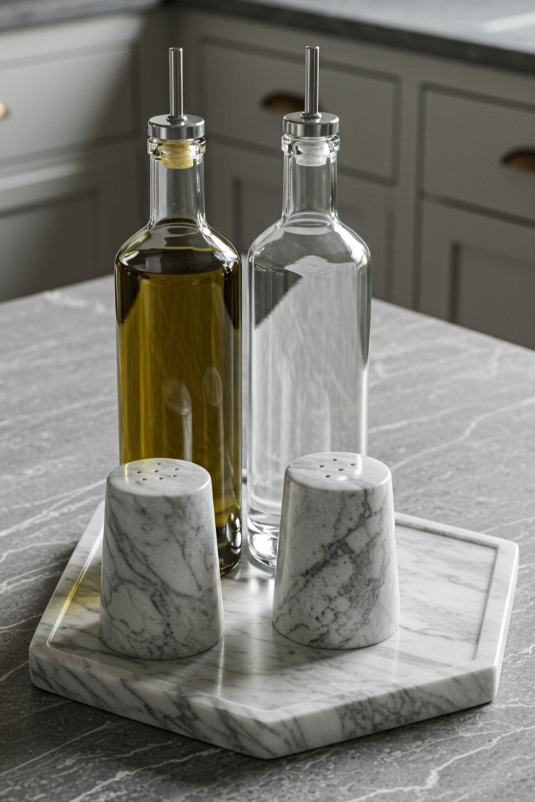 Marble salt and pepper shakers and glass oil dispensers organized on a stylish hexagonal white marble tray on a modern kitchen counter.