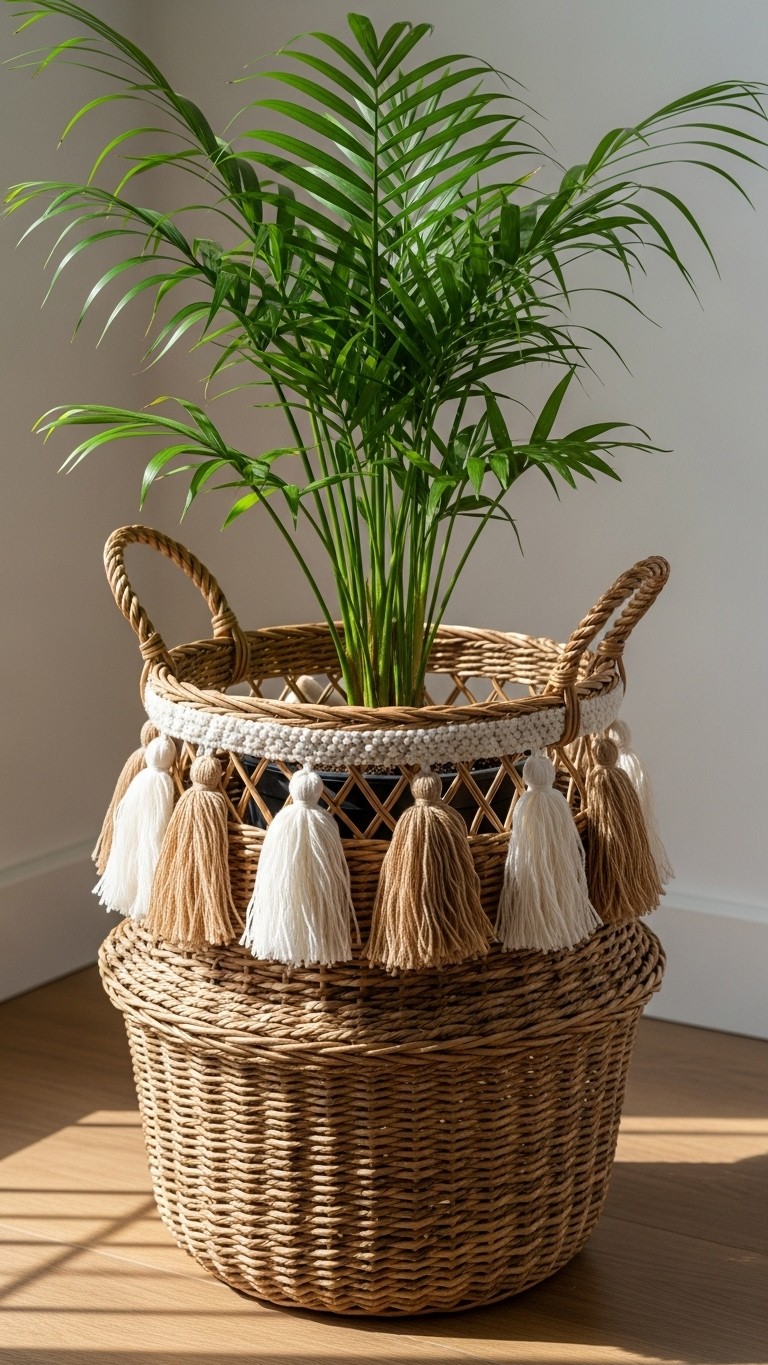A lush green houseplant potted in a large, two-tiered woven basket decorated with alternating beige and white tassels.