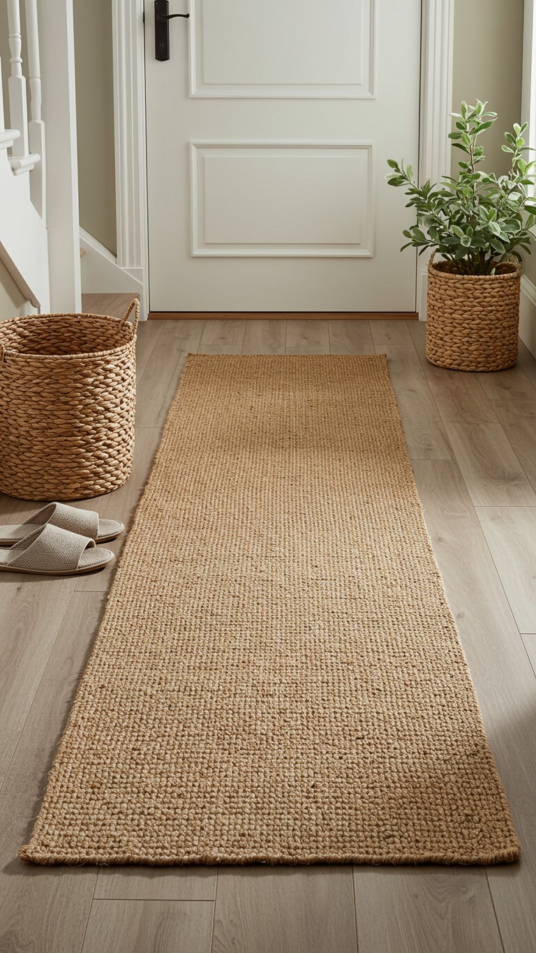 A durable jute runner rug stretches across a light wood floor in a home's entryway, leading from the front door into the house.