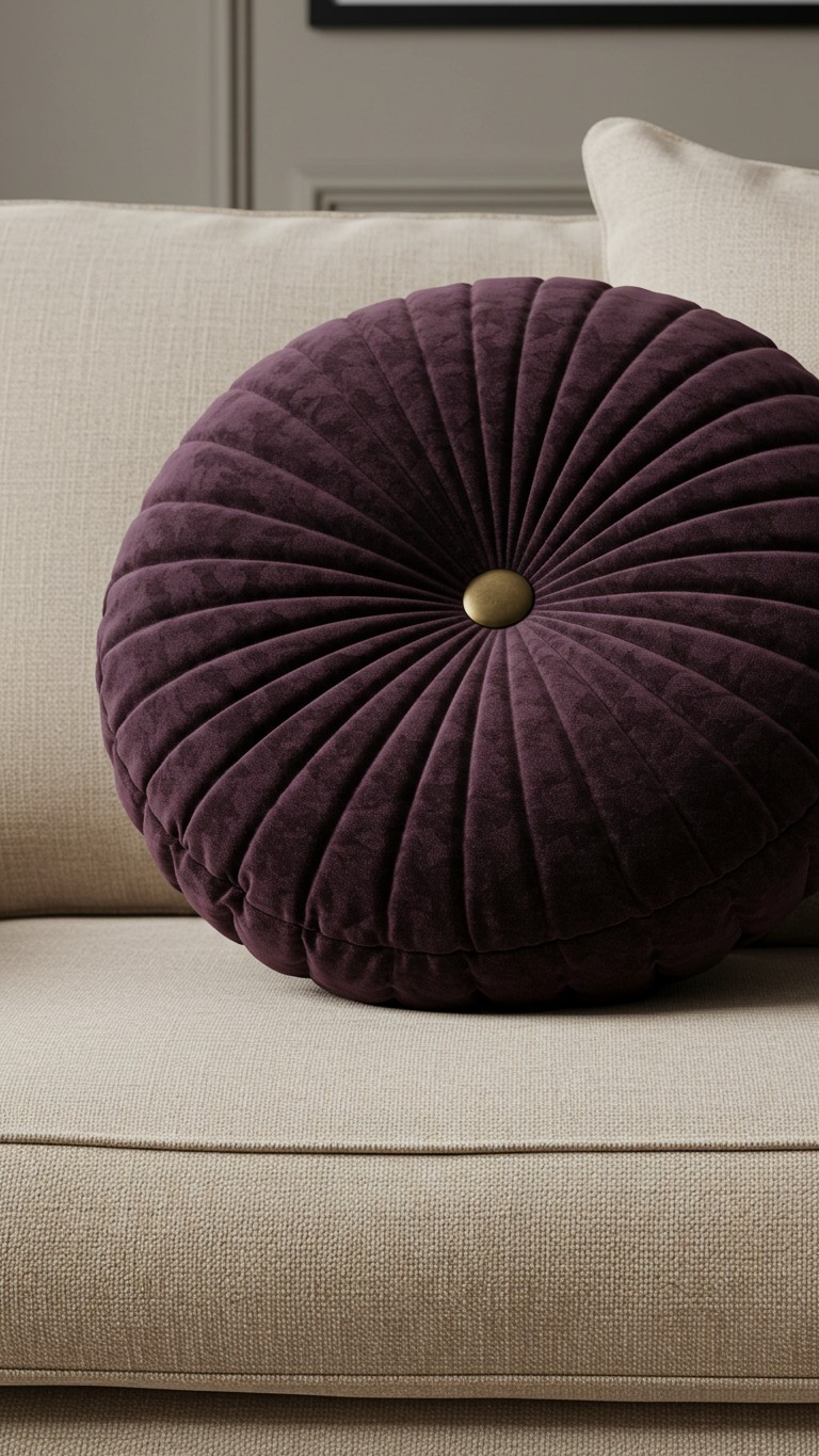 A round, deep purple velvet cushion with tufted pleats and a central brass button, placed on a beige woven fabric sofa.