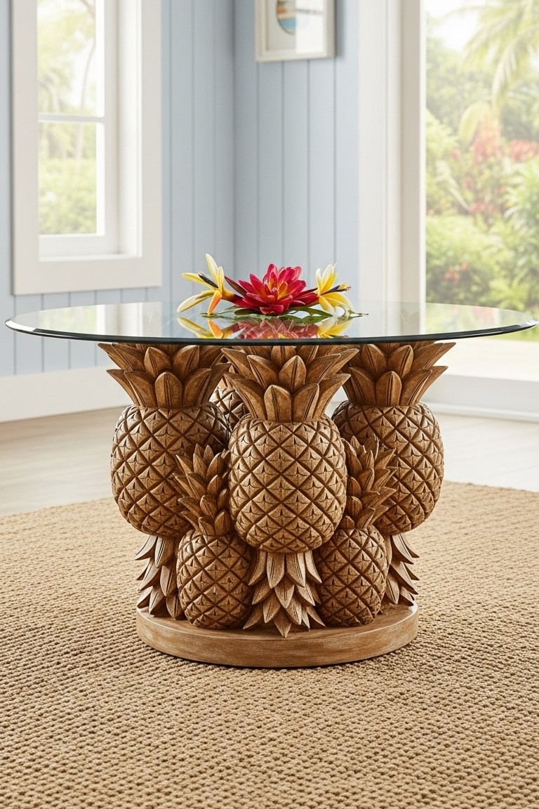 Sweeten Your Space: A Guide to Playful Fruit Decor 3 An elegant round coffee table with a glass top, featuring a base composed of several intricately carved wooden pineapples on a jute rug.