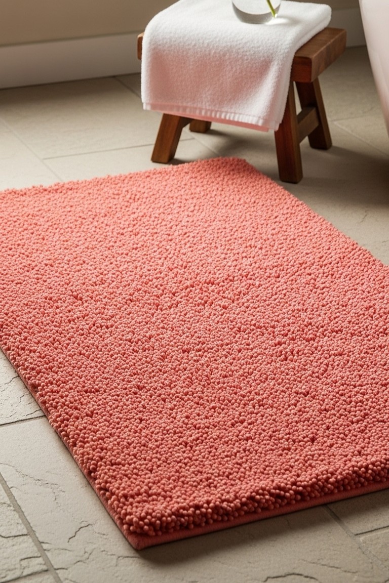 Beyond the Beach House: 5 Fresh Ways to Bring the Ocean Home 4 A vibrant, shaggy coral-colored bath mat on a light gray tiled floor, with a small wooden stool holding a white towel in the background.