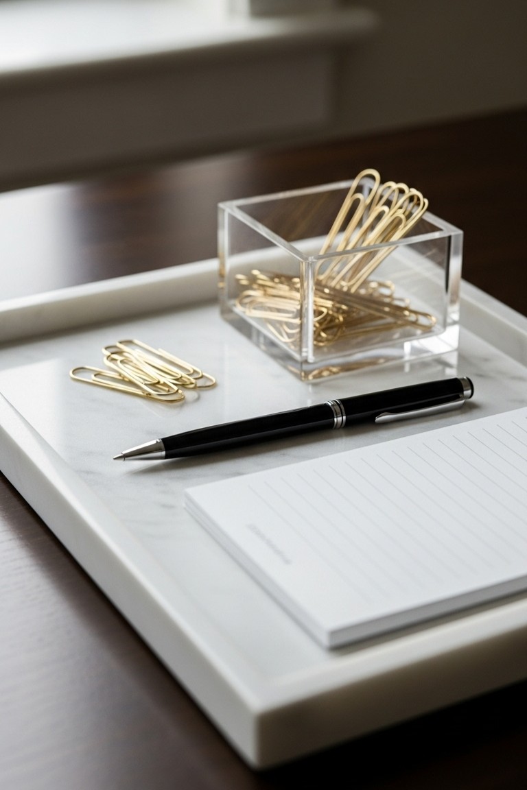 A minimalist white marble tray bringing order to a dark wood desk, holding a black pen, notepad, and gold paperclips in a clear box.
