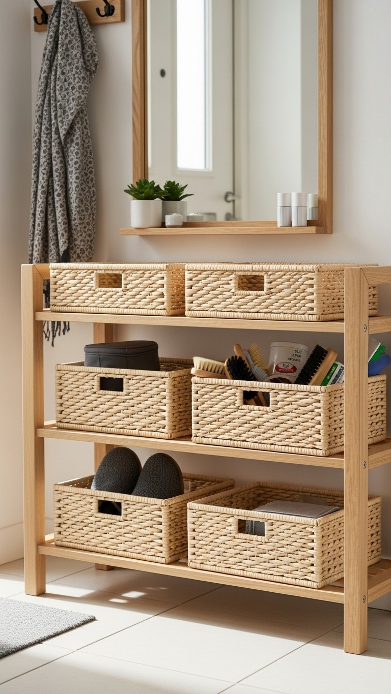 Light-colored rectangular woven baskets neatly organized on the shelves of a light oak wood console table in a bright hallway.